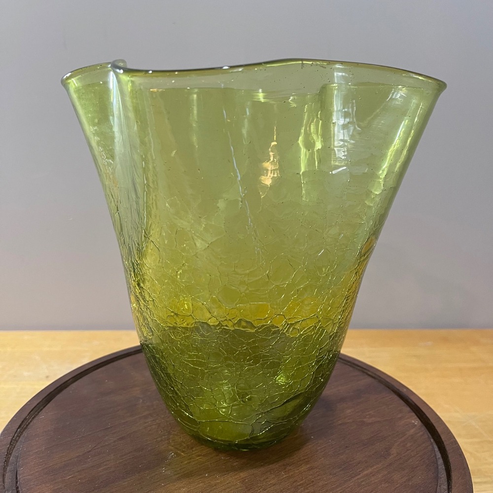 Vtg Blenko 404M Olive Green Crackle Glass Vase MCM Wayne Husted 8"
